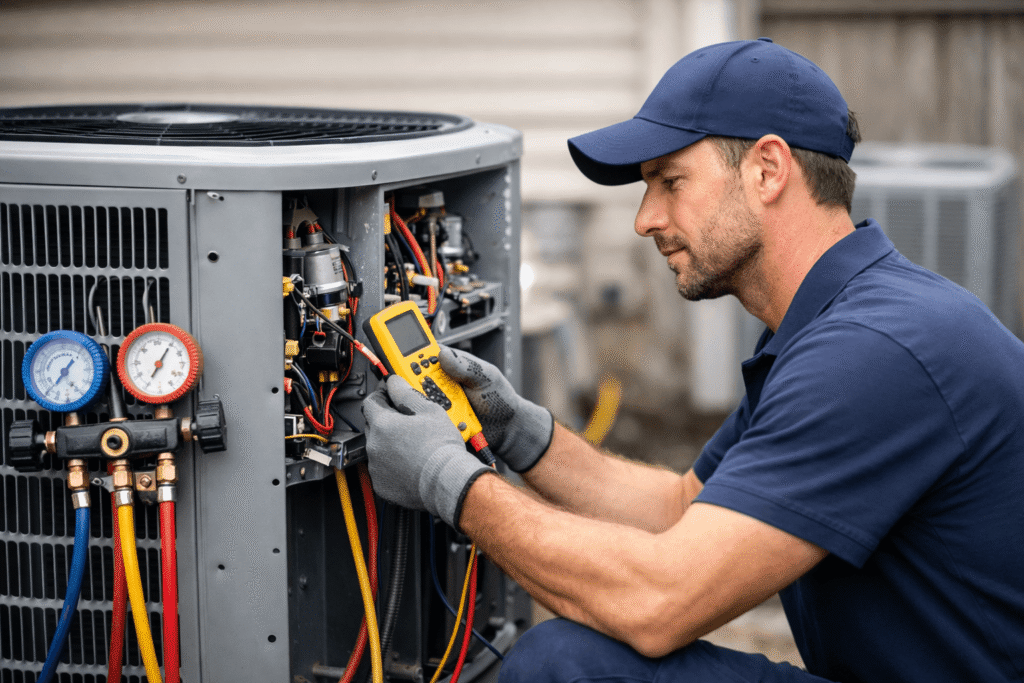 How to make money in the heating and air conditioning business HVAC technician repairing air conditioning unit for profitable service