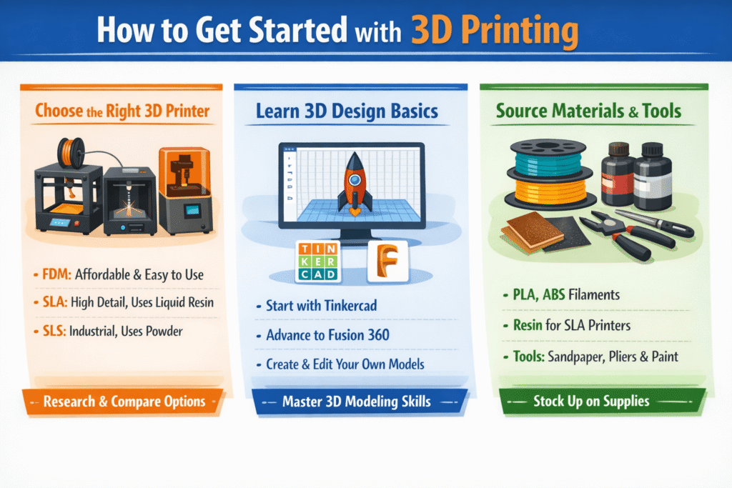 How to make money with 3D printing beginner guide showing printer design tools and materials