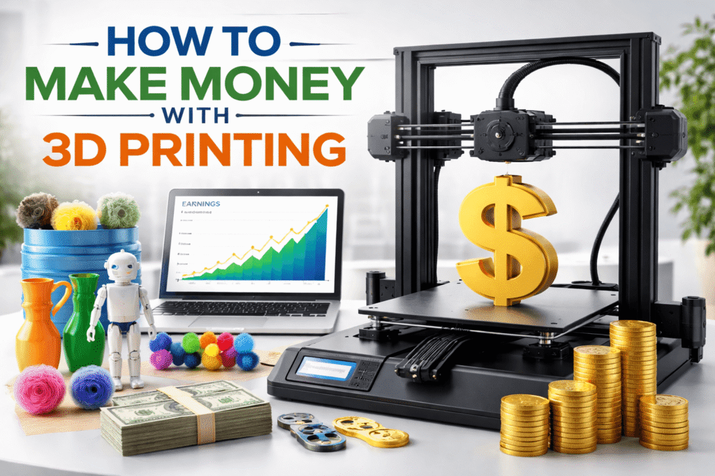 How to make money with 3D printing showing 3D printer creating products for online business and income