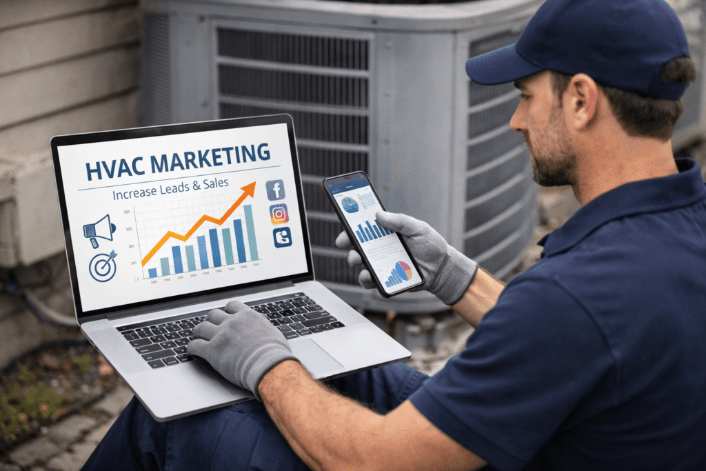 How to make money in the heating and air conditioning business HVAC technician using laptop for marketing and lead generation
