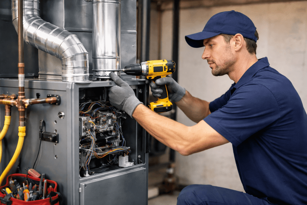 How to make money in the heating and air conditioning business HVAC technician installing furnace for profitable HVAC services
