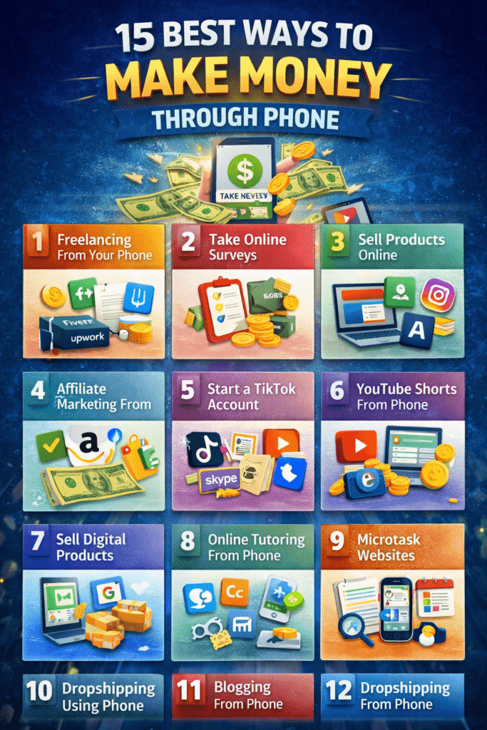how to make money through phone with 15 proven methods including freelancing, surveys, selling products, and affiliate marketing
