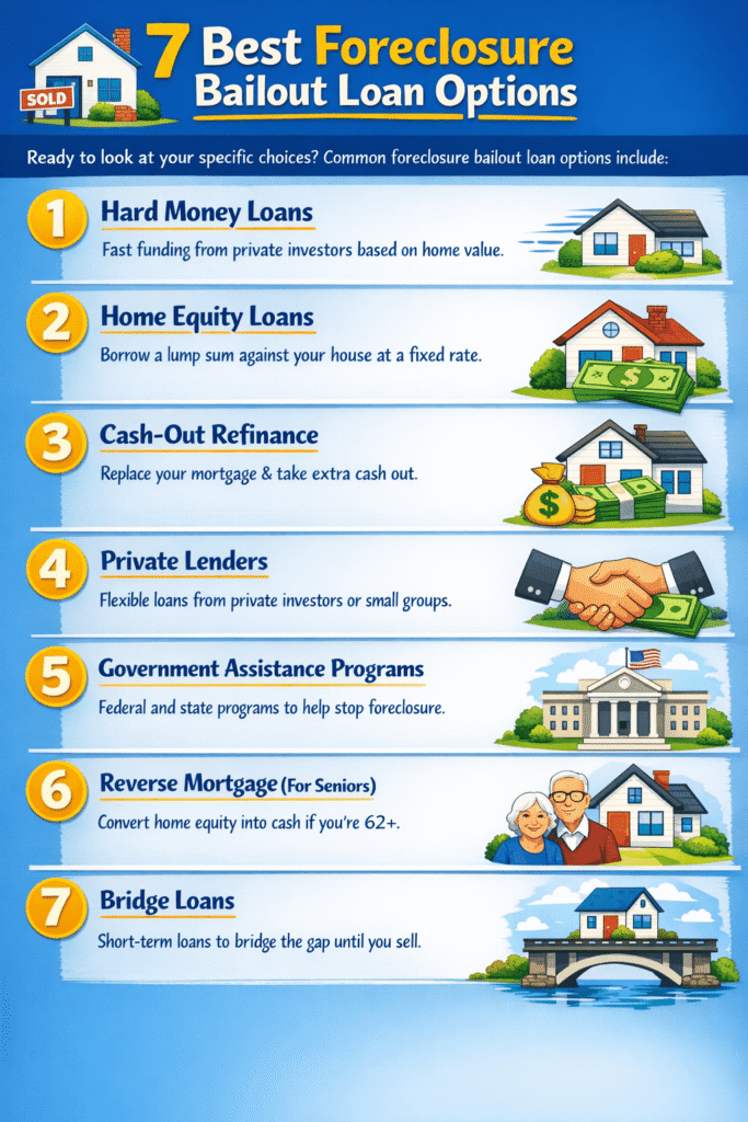 7 best foreclosure bailout loan options infographic including hard money loans home equity loans cash out refinance private lenders and bridge loans