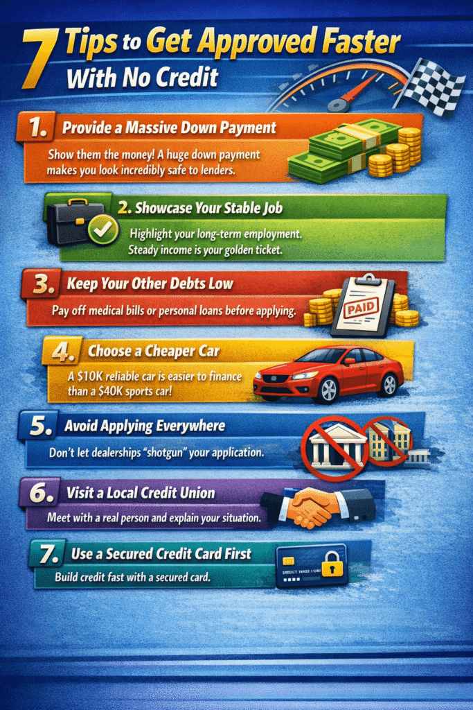 can you finance a car with no credit tips including large down payment stable job low debt credit union and secured credit card strategy