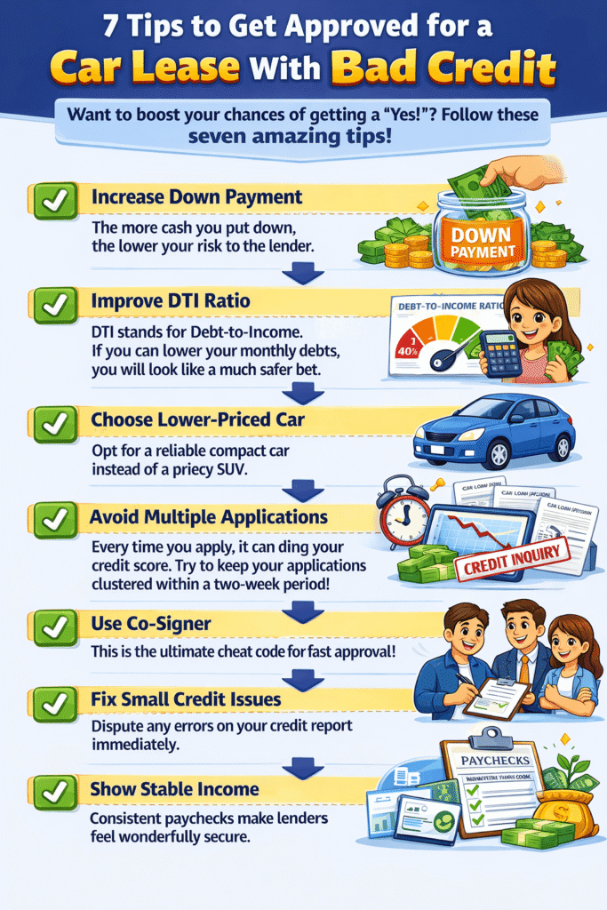 How to lease a car with bad credit tips including increase down payment improve credit and choose affordable car