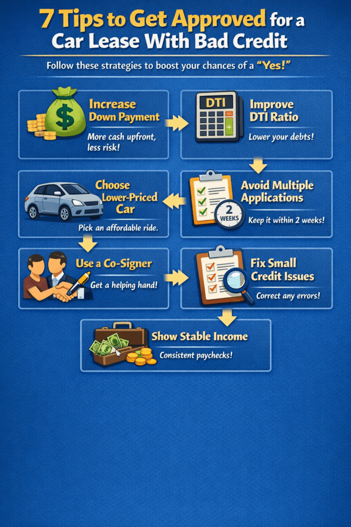 how to lease a car with bad credit tips including increase down payment improve debt to income ratio use co signer and show stable income