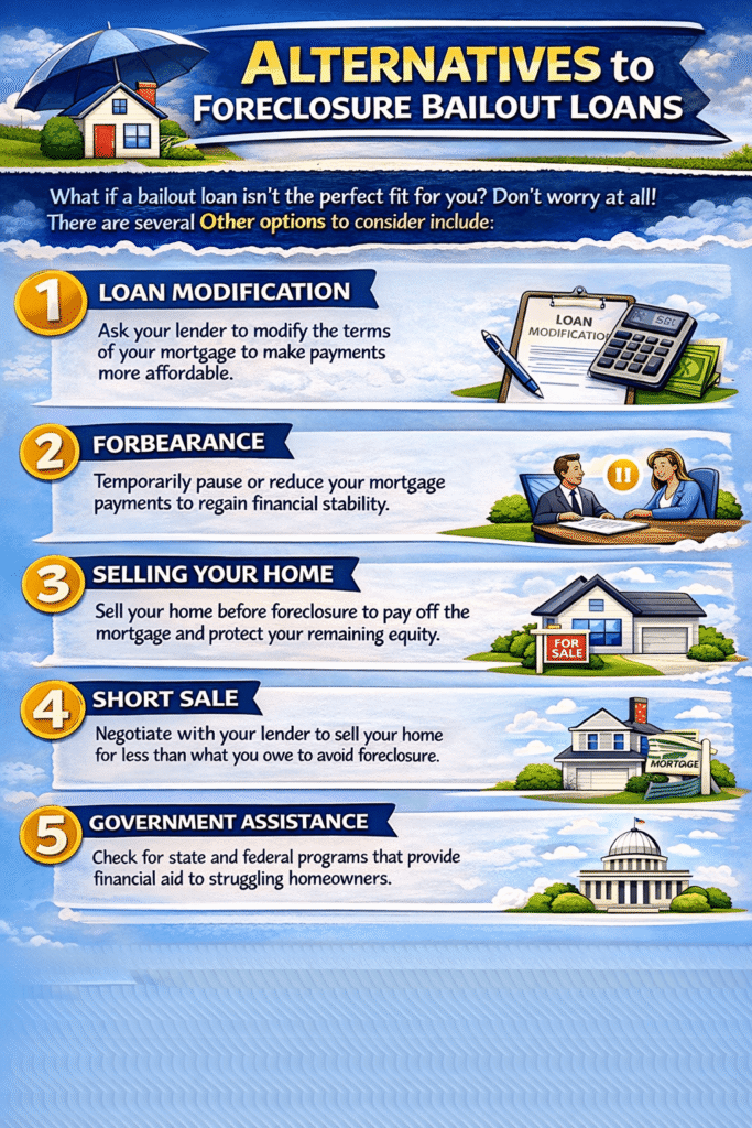 Alternatives to foreclosure bailout loan including loan modification forbearance short sale government assistance and selling home infographic