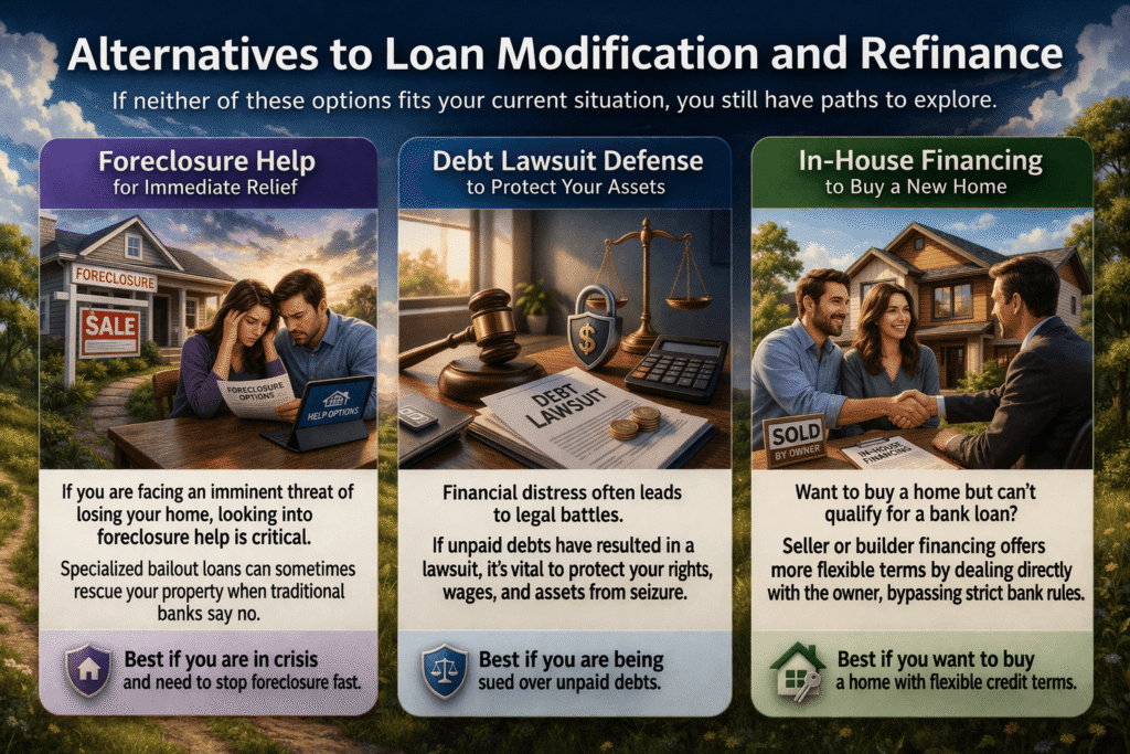 loan modification vs refinance alternatives including foreclosure help debt lawsuit protection and in house financing options for homeowners