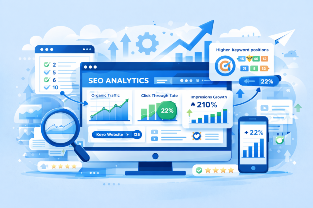 SEO analytics and ranking progress image showing rising organic traffic keyword rankings and performance metrics
