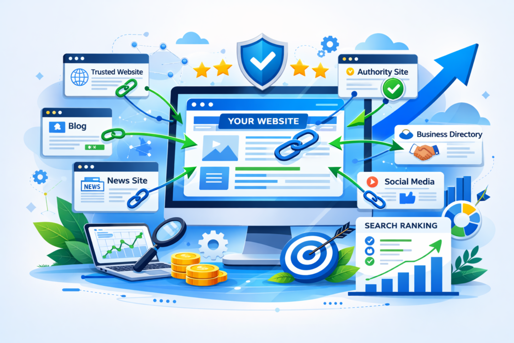 backlinks and authority image showing trusted websites linking to a main site to improve SEO rankings
