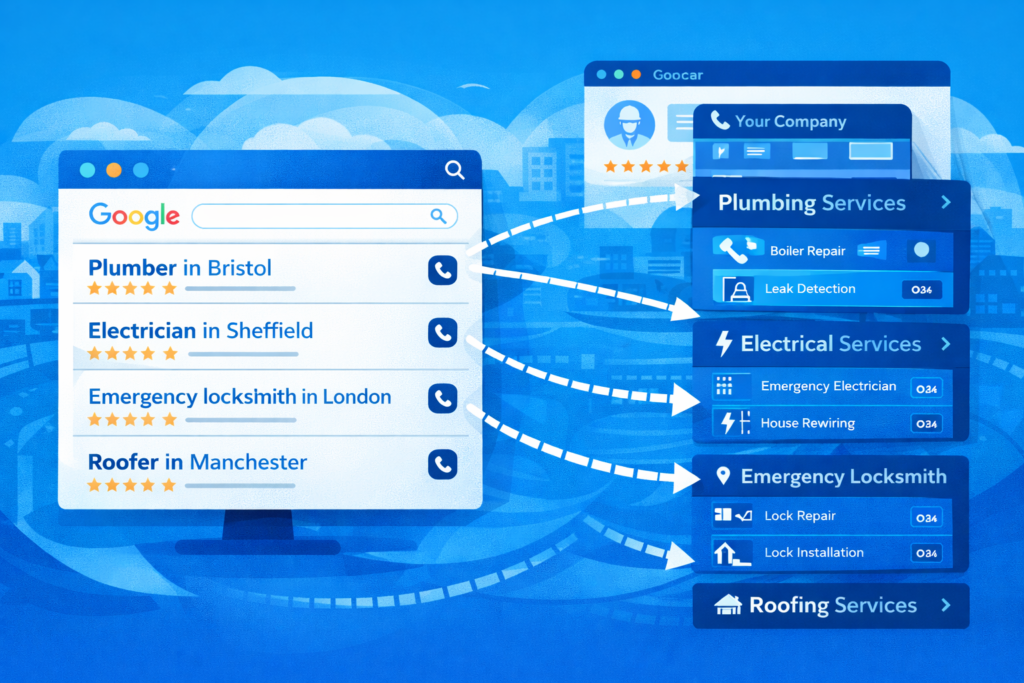 SEO for tradesmen keyword targeting illustration showing service plus location search phrases linked to contractor service pages