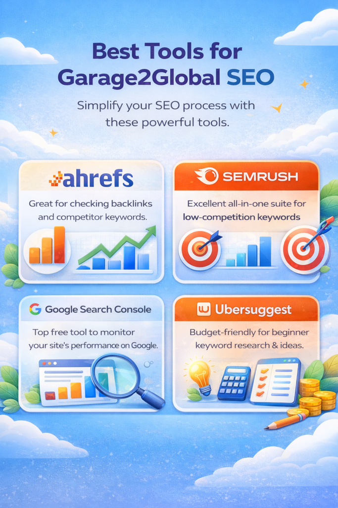 boost organic traffic with garage2global using SEO tools like Ahrefs SEMrush Google Search Console and Ubersuggest for keyword research and optimization