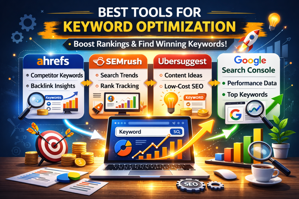 keyword optimization by garage2global tools including Ahrefs, SEMrush, Ubersuggest, and Google Search Console