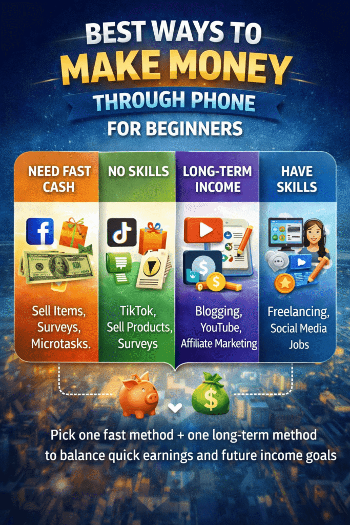how to make money through phone for beginners showing fast cash, long term income, and skill based methods