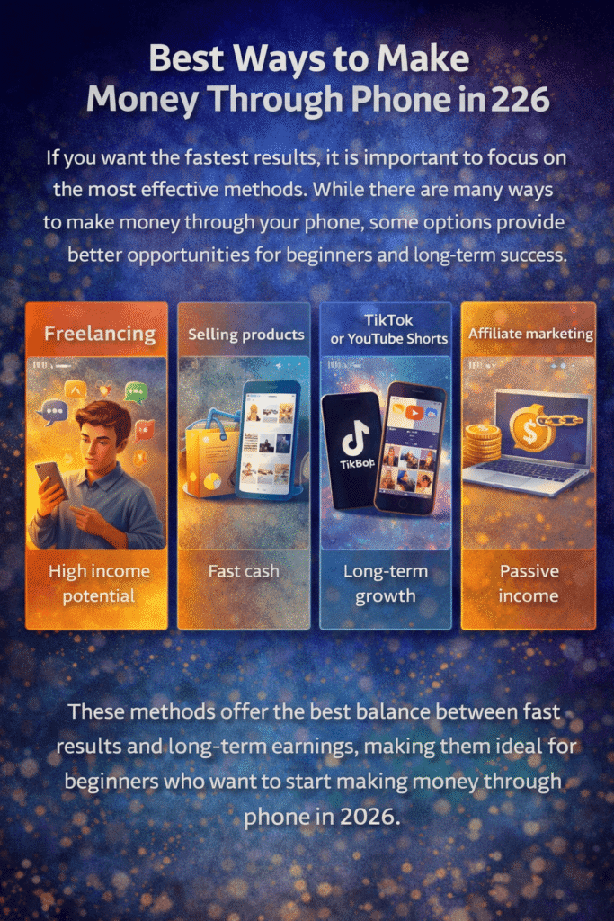 how to make money through phone in 2026 showing freelancing, selling products, and affiliate marketing