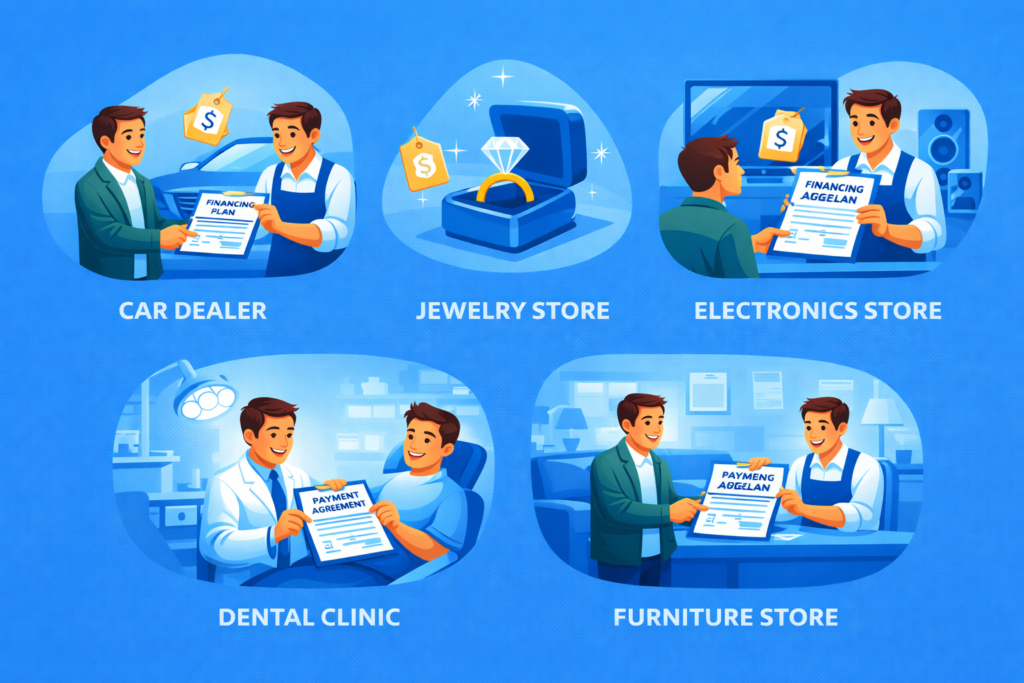 industries offering in house financing including car dealer furniture and dental