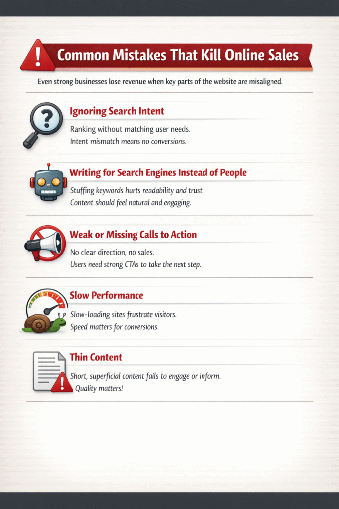 common mistakes that prevent businesses from increase online sales by Garage2Global such as weak CTA and slow performance