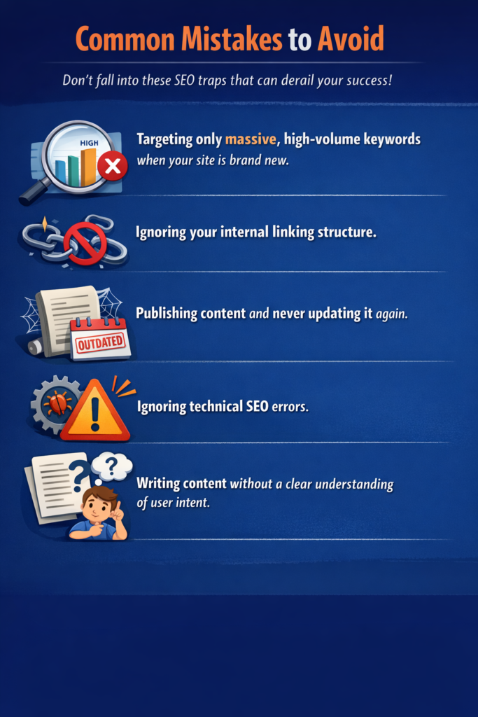 online visibility services by garage2global infographic highlighting common SEO mistakes like ignoring internal links, keyword targeting errors, and technical issues