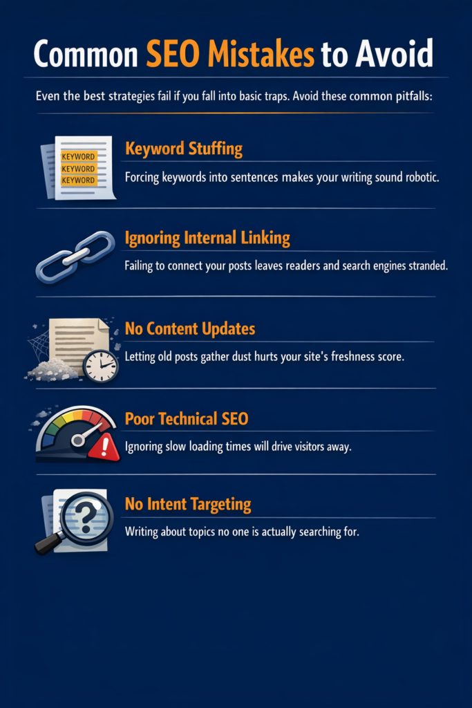 search engine optimization by garage2global infographic highlighting SEO mistakes like keyword stuffing, poor technical SEO, and no intent targeting