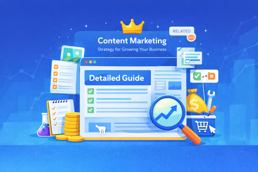 SEO for business growth from Garage2Global content marketing illustration showing evergreen guides, tutorials, internal linking, and monetized website growth