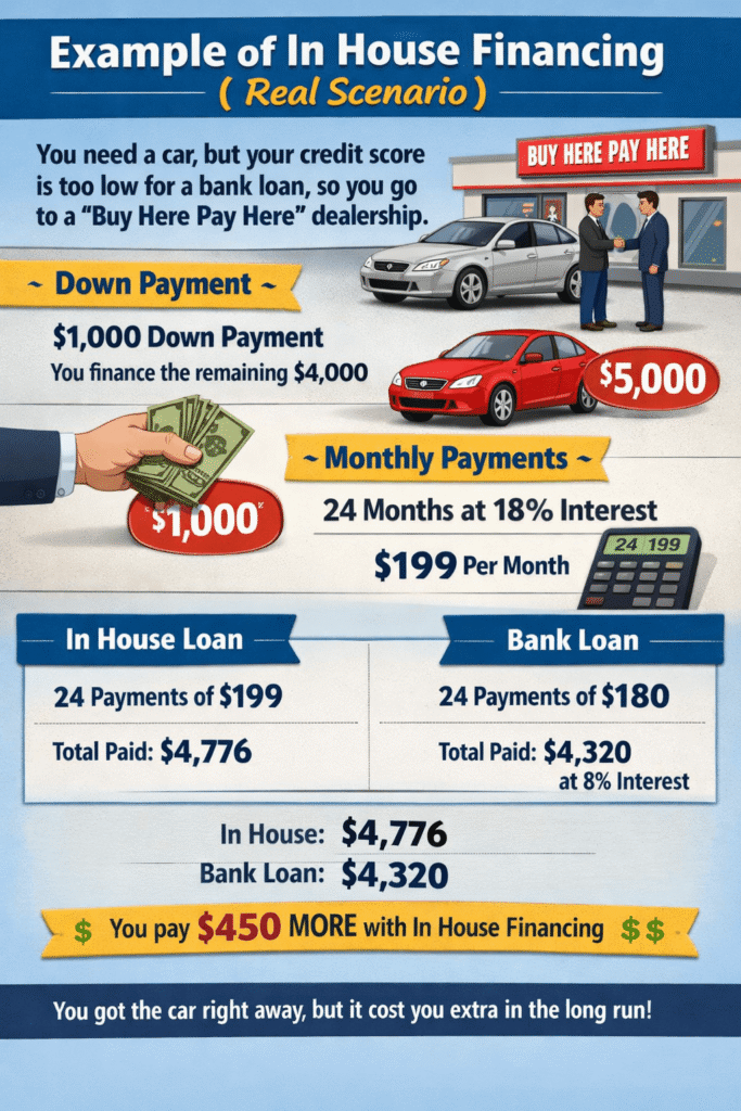 what is in house financing example showing buy here pay here car loan with down payment, monthly payments, and total cost comparison