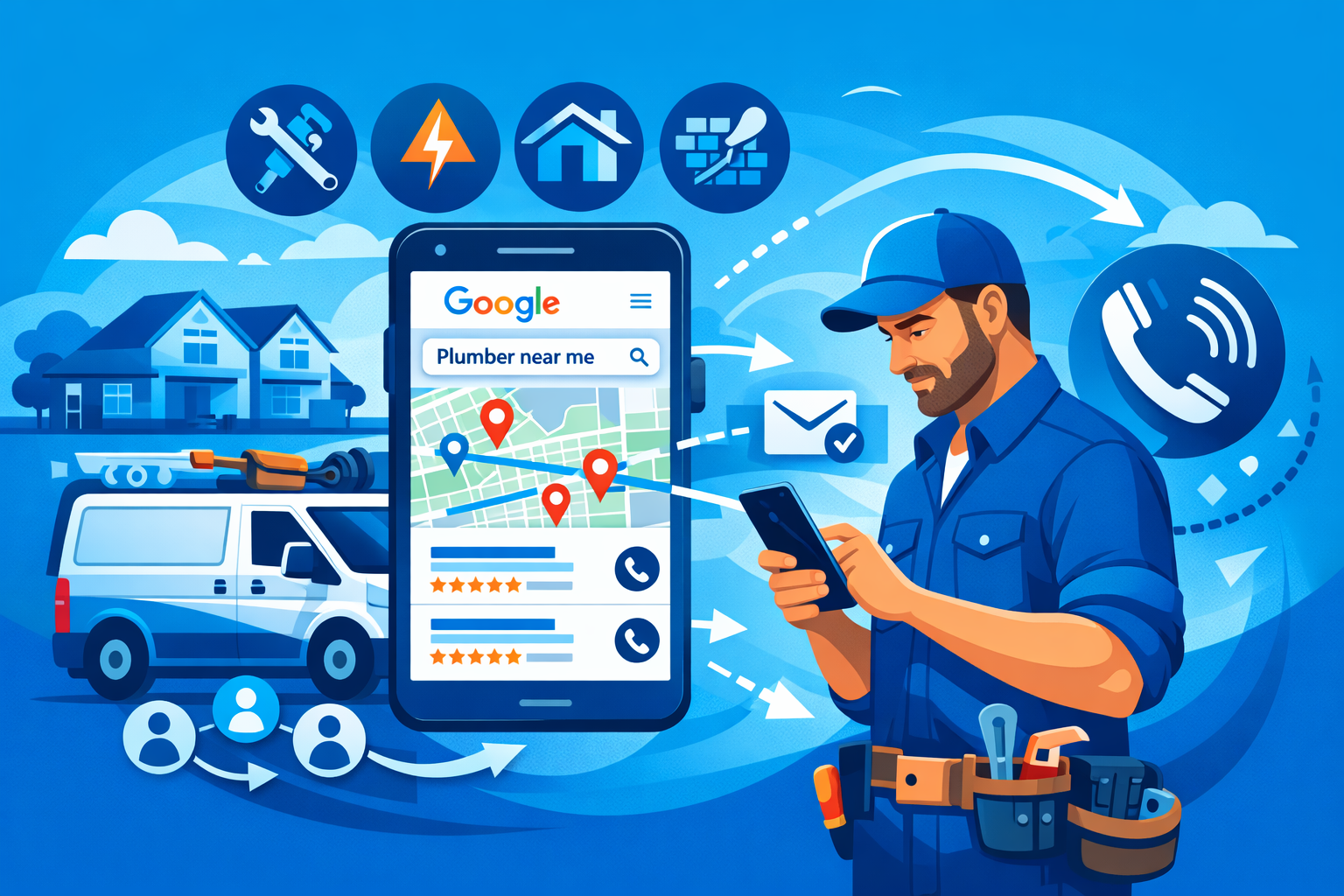 SEO for tradesmen illustration showing a local contractor checking Google search results, map listings, and online leads on a smartphone