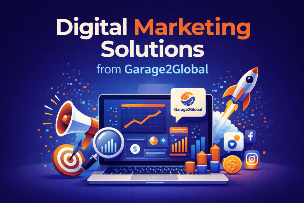 digital marketing solutions from garage2global illustration showing SEO, traffic growth, and online business strategy dashboard