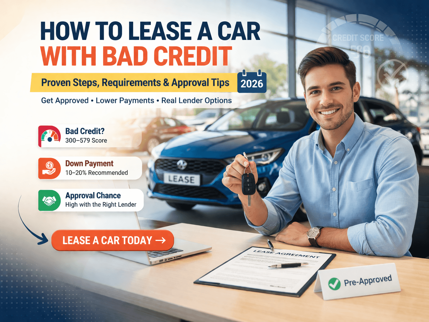 how to lease a car with bad credit​infographic showing dealership approval tips requirements and bad credit lease options
