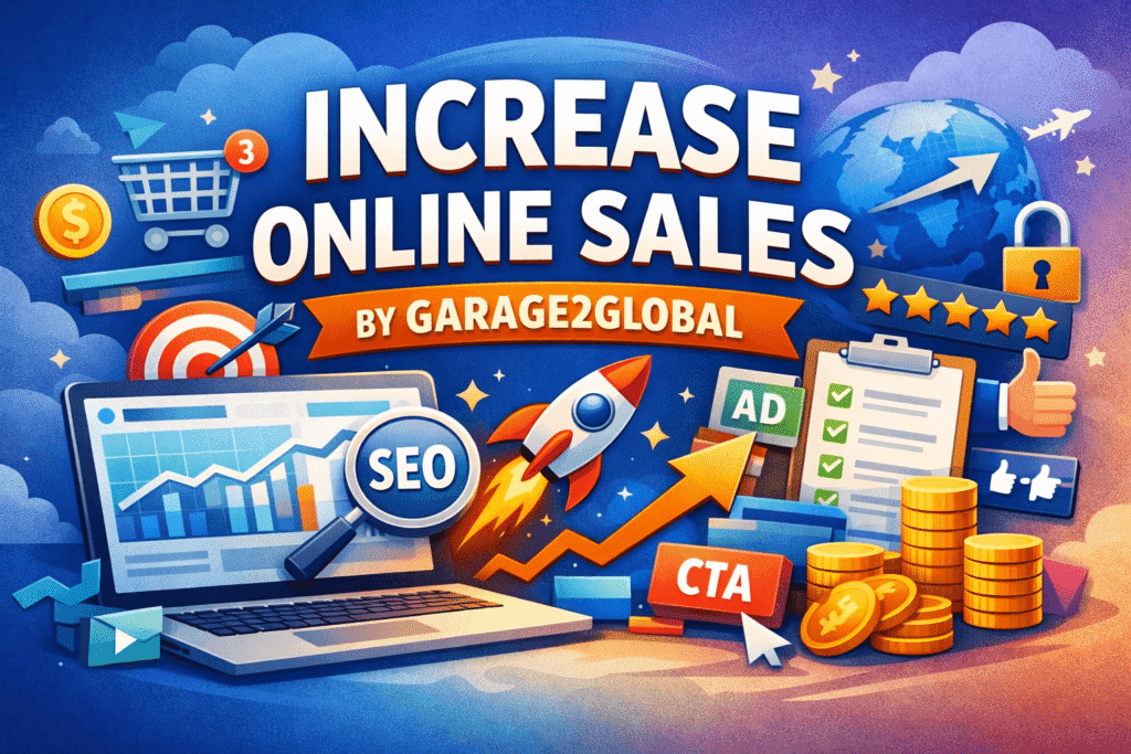 increase online sales by Garage2Global strategy illustration showing SEO, conversions, and revenue growth