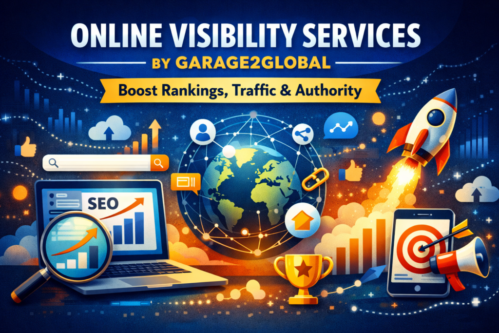 online visibility services by garage2global illustration showing SEO growth, traffic increase, and authority building strategy