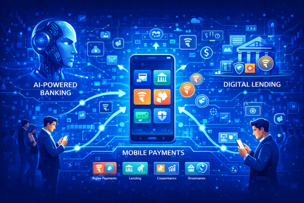 Jio Finance share target 2030 future vision showing AI-powered banking, mobile payments, and digital lending platforms in a connected digital economy.