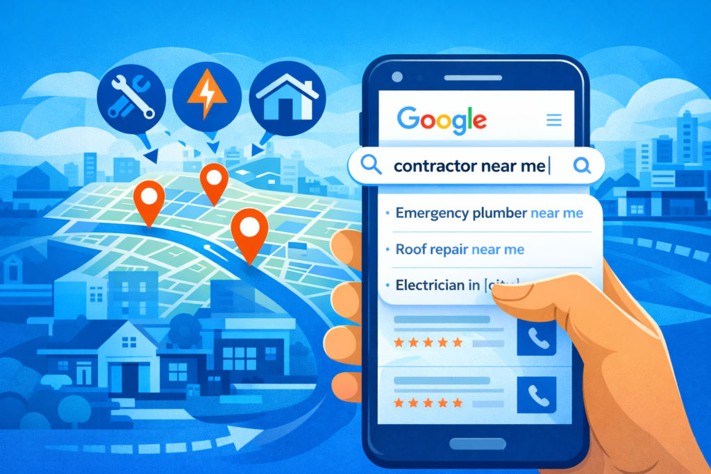 SEO for tradesmen illustration of a customer searching for emergency plumbing and roof repair services on a smartphone map