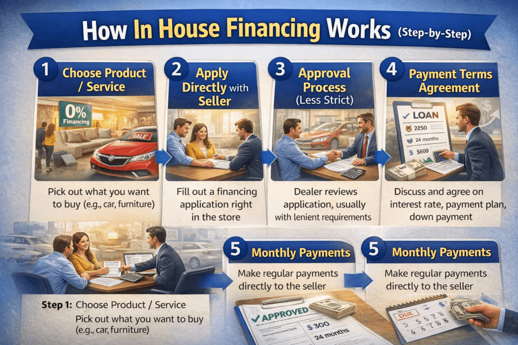 what is in house financing explained step by step process including choosing product, applying with seller, approval, terms, and monthly payments