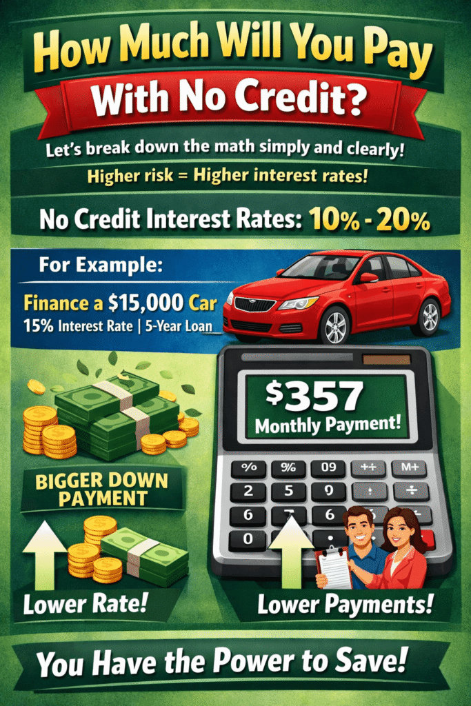 can you finance a car with no credit cost example showing 10 to 20 percent interest rate monthly payment calculation and ways to lower payments
