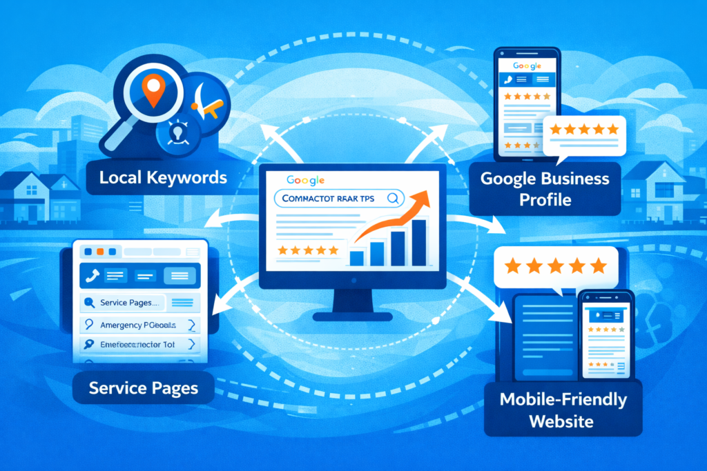 SEO for tradesmen infographic showing local keywords, service pages, Google Business Profile, reviews, and mobile-friendly website factors
