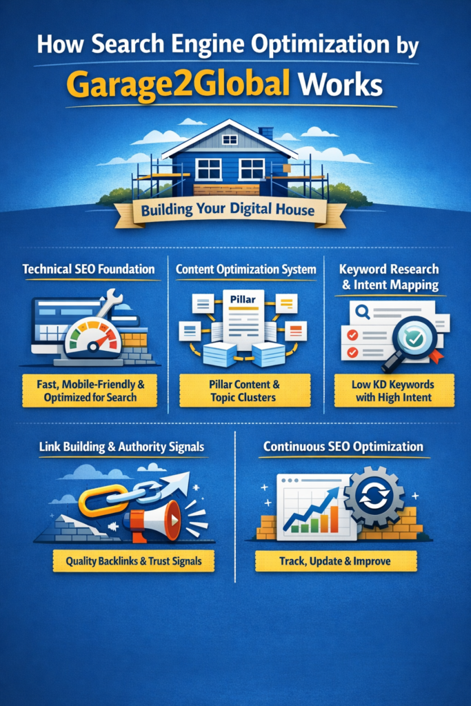 search engine optimization by garage2global infographic showing technical SEO, content clusters, keyword research, link building, and optimization process