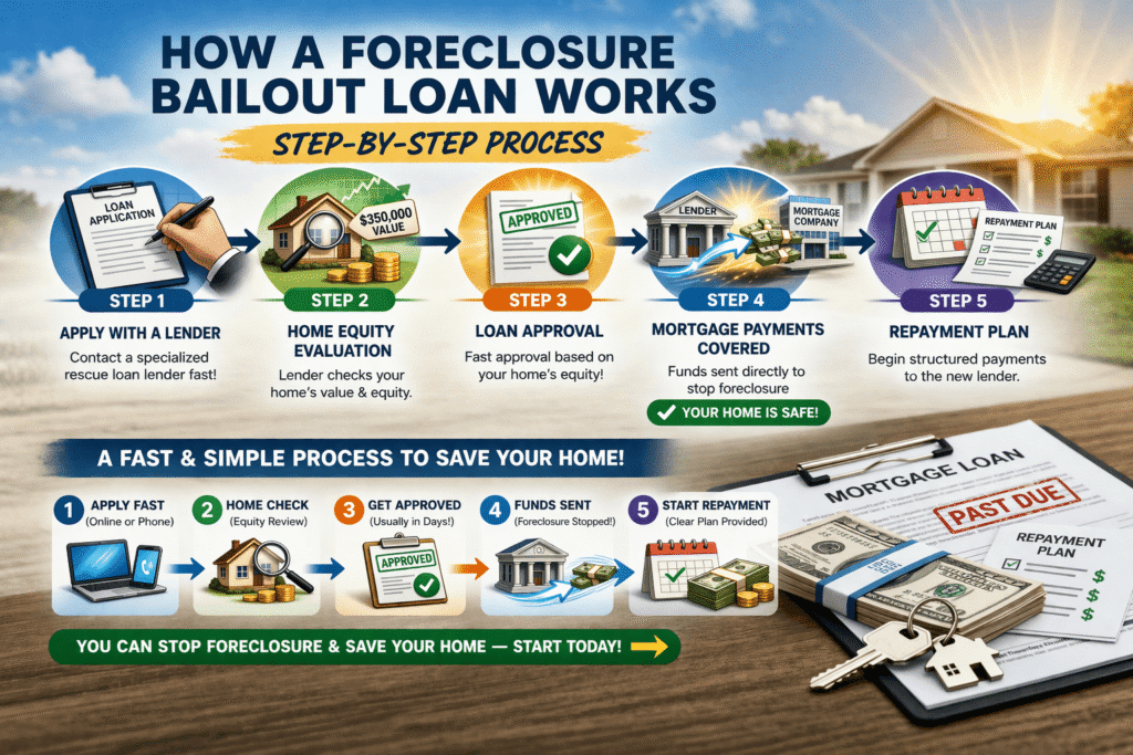 How a foreclosure bailout loan works step by step infographic showing apply lender equity evaluation loan approval payment coverage and repayment plan
