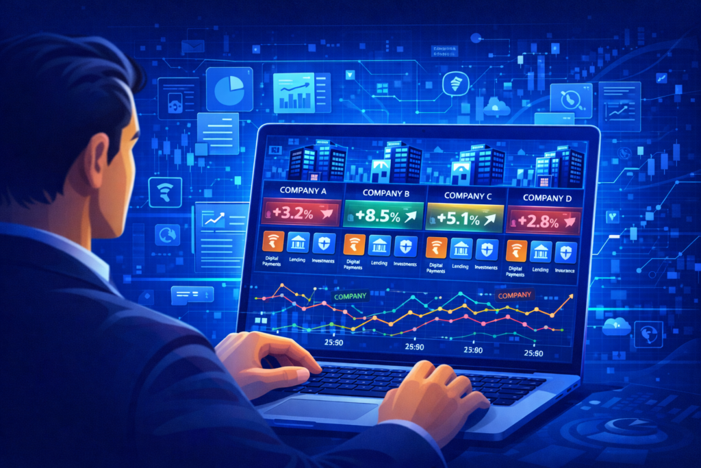 Jio Finance share target 2030 research visualization showing an investor analyzing financial reports and stock charts on a digital dashboard.