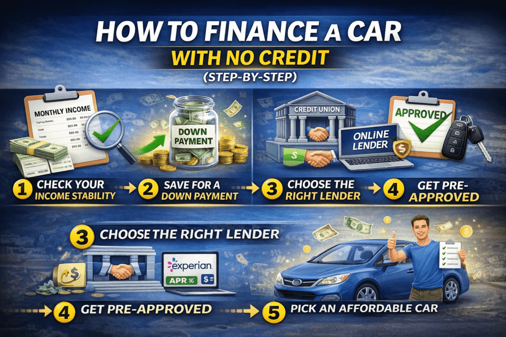can you finance a car with no credit step by step guide showing income check down payment lender selection pre approval and affordable car choice