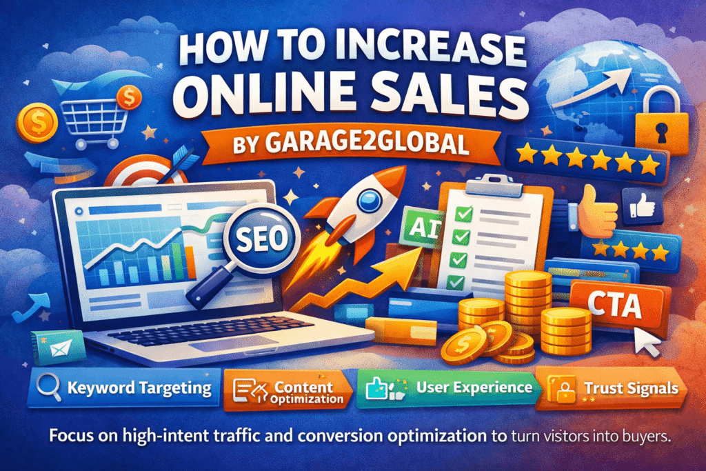how to increase online sales by Garage2Global using keyword targeting, content optimization, and user experience strategies