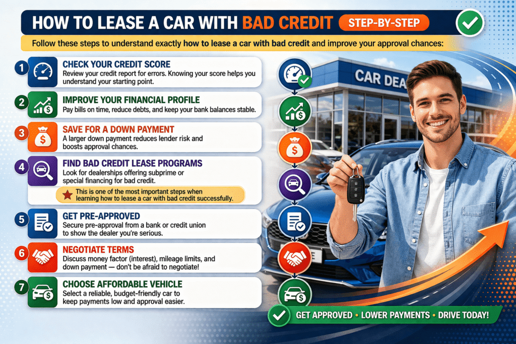 how to lease a car with bad credit step by step guide including credit check down payment lender selection pre approval and car choice
