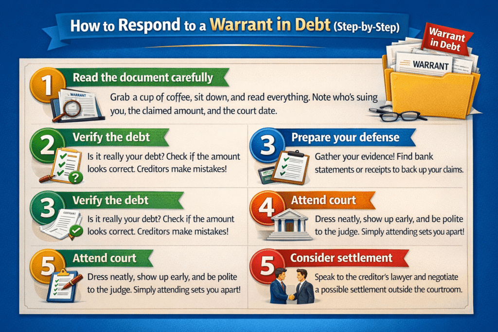 How to respond to a warrant in debt step by step including reading document verifying debt preparing defense attending court and settlement