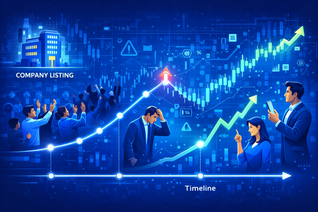 Jio Finance share target 2030 visualized through a stock market timeline showing company listing, market fluctuations, and investor reactions over time.