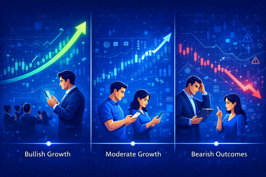 Jio Finance share target 2030 investment scenarios showing bullish growth, moderate growth, and bearish outcomes with investors analyzing stock trends.