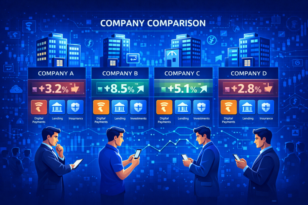 Jio Finance share target 2030 comparison dashboard showing multiple fintech companies and investors analyzing their financial strengths and strategies.
