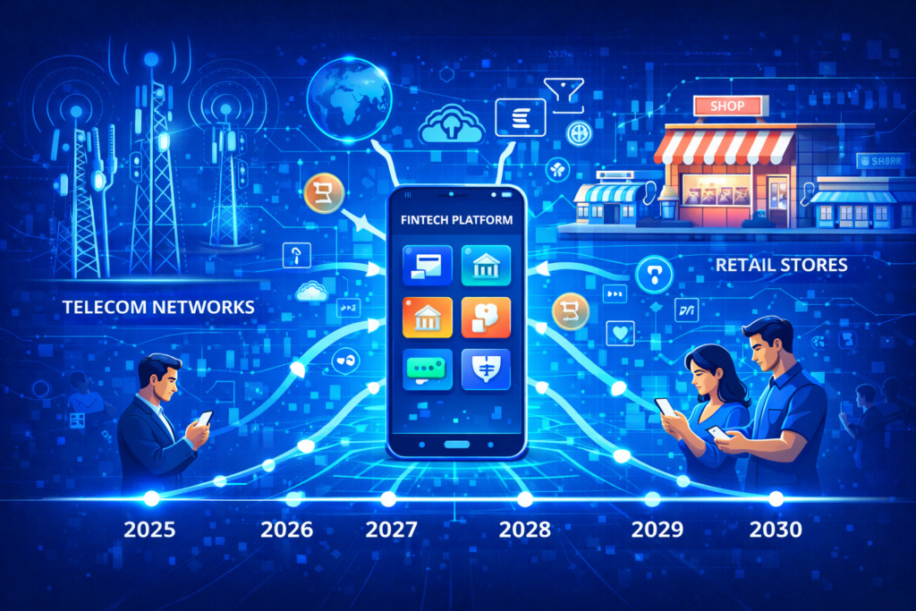 Jio Finance share target 2030 illustration showing telecom networks, retail stores, and mobile financial apps connected in a digital fintech ecosystem.