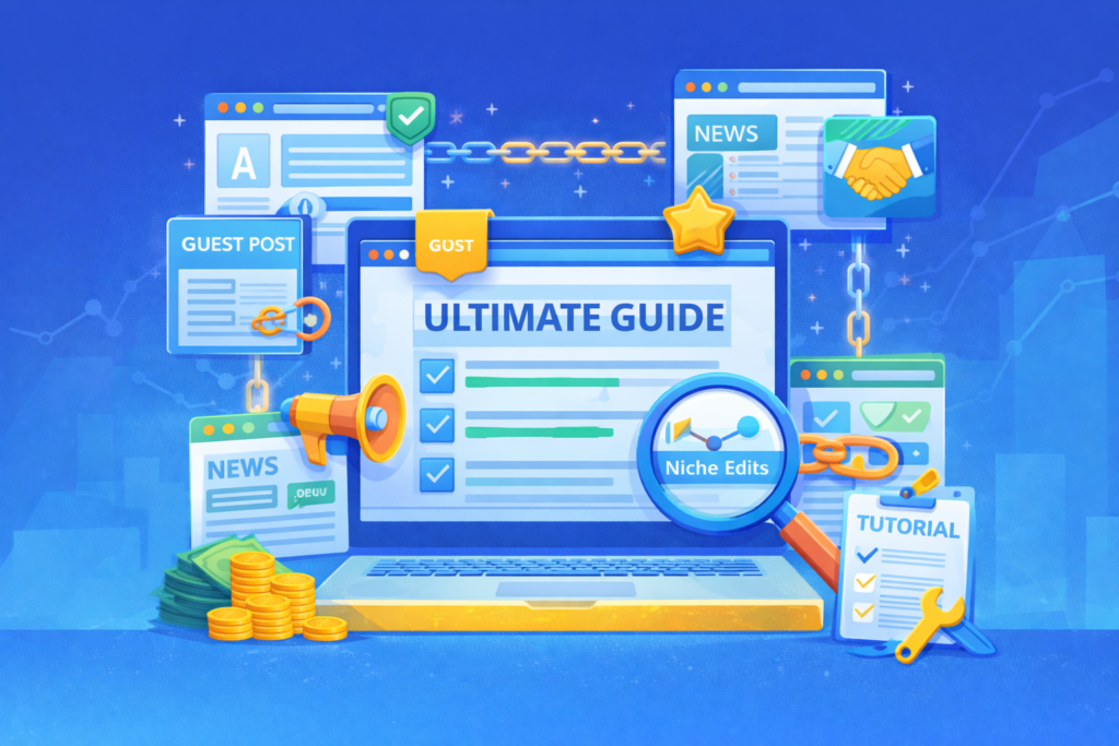 SEO for business growth from Garage2Global link building illustration showing backlinks, guest posting, digital PR, niche edits, and authority growth