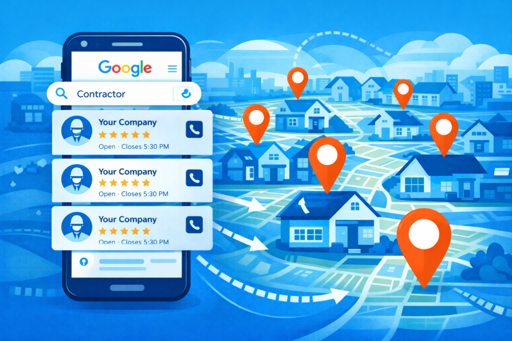 SEO for tradesmen illustration showing a contractor business ranking in the top Google Maps results with reviews and location pins