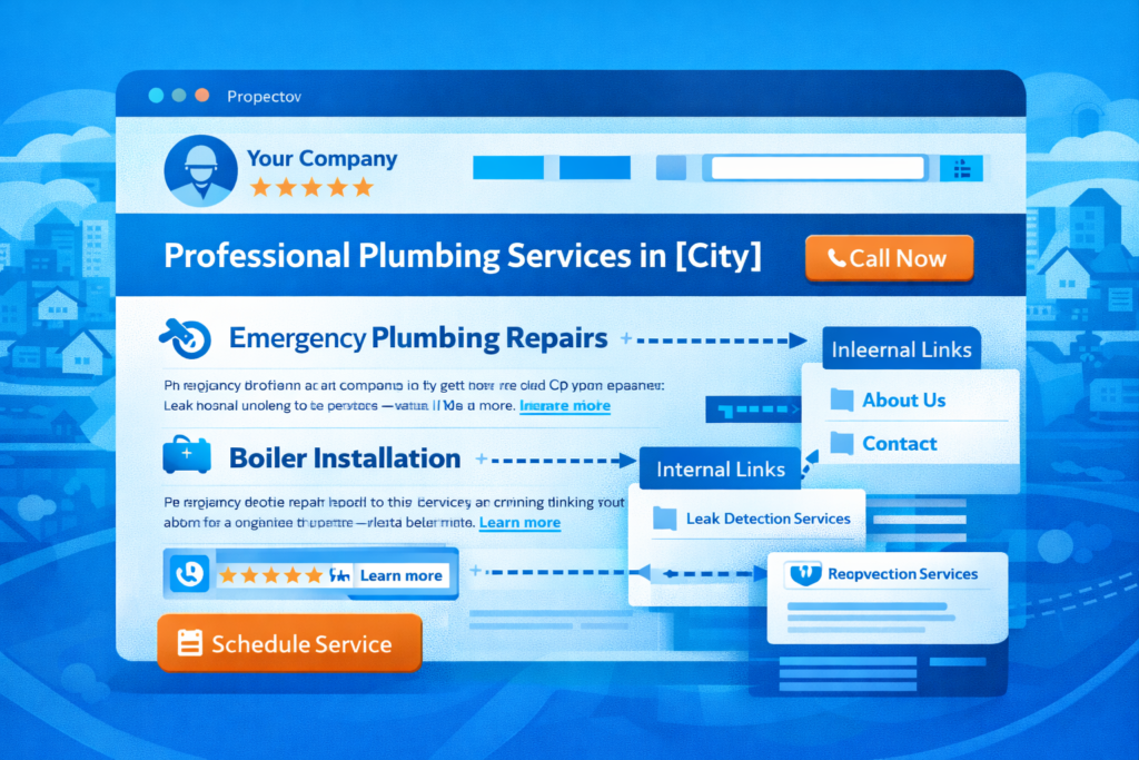 SEO for tradesmen webpage illustration showing optimized headings, keywords, call-to-action buttons, and internal links