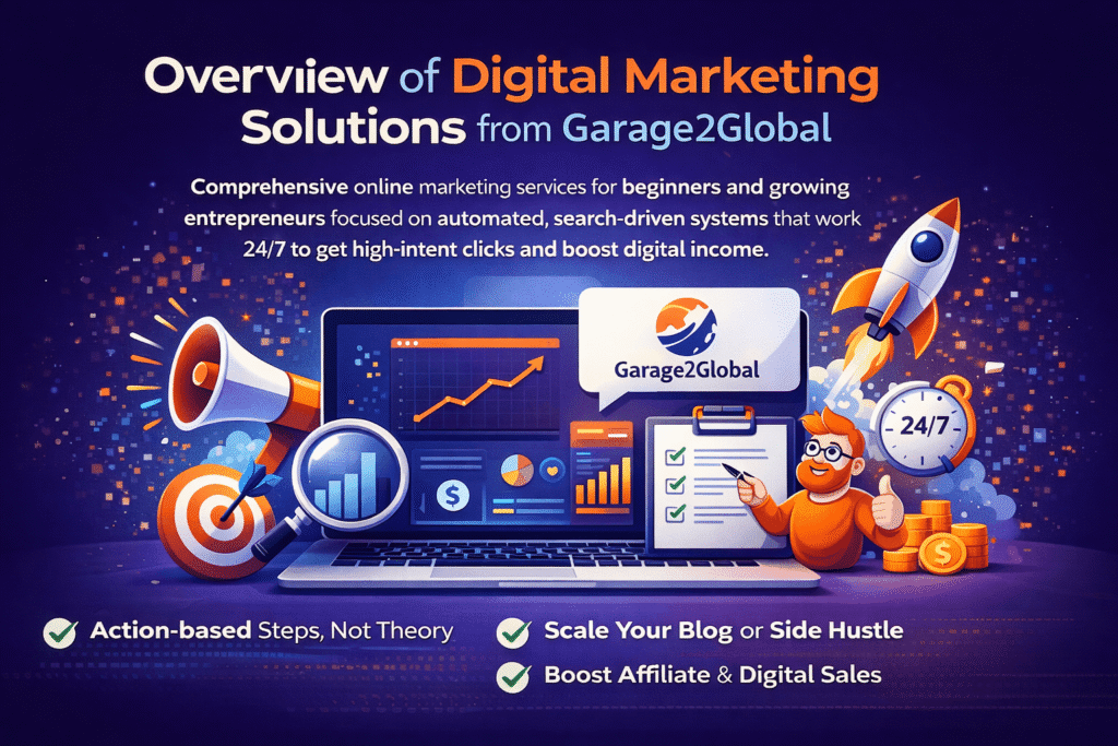 overview of digital marketing solutions from garage2global showing automated systems, organic traffic growth, and online income strategies